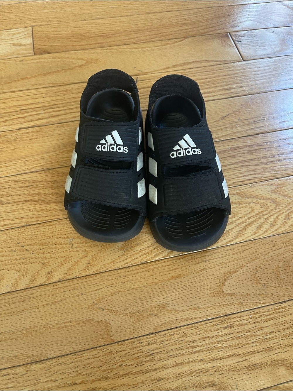 adidas Black Kids Slide Sandals with White Stripes